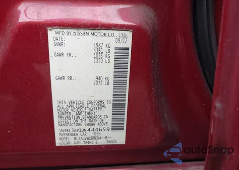 2013 Nissan Altima 3.5S/3.5Sv/3.5Sl from USA, damaged, VIN 1N4BL3AP1DN444659